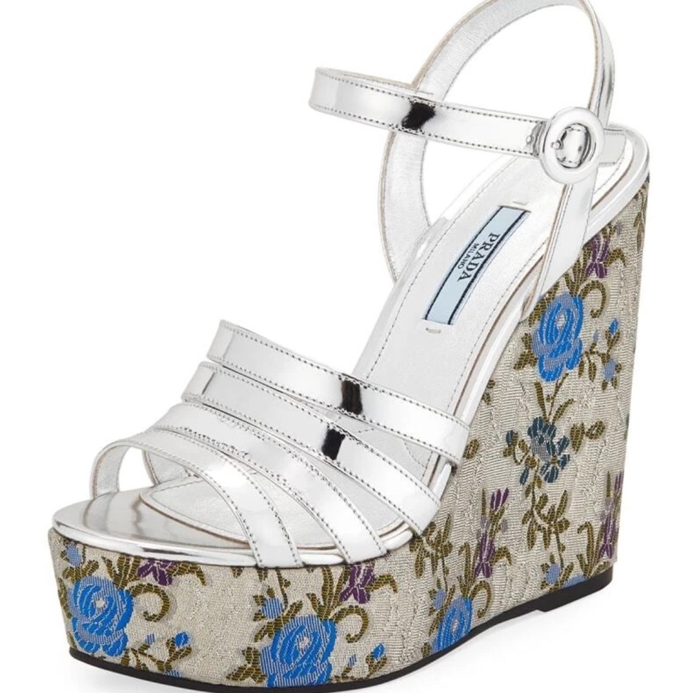 Prada Metallic Silver Brocade Platform Heels - image 1